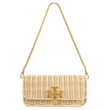 TORY BURCH Eleanor 金屬大LOGO柳編造型翻蓋式單肩包/鍊包(卡其)