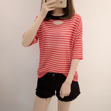 FINDSENSE G5 韓國時尚 圓領 條紋 短袖 T恤 針織衫 寬鬆 打底上衣