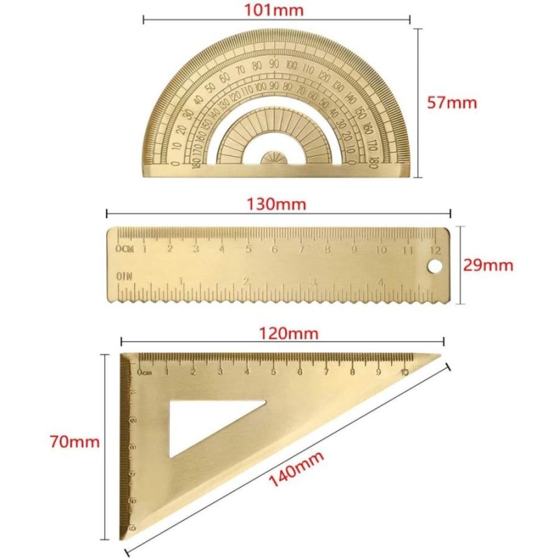 定規セット おしゃれ 真鍮製定規 目盛付き 三角定規 分度器 12cm直定規 ...