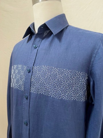 男士 સшиકો (sashiko) 靛藍亞麻襯衫：幾何手繡長袖