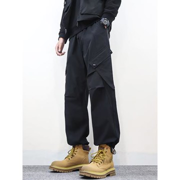 塵述秋季工裝褲男潮牌寬松抽繩束腳褲黑色百搭戶外休閑褲機能褲子