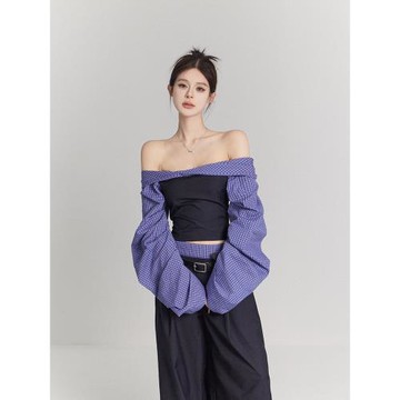 不冷BULENG（原cchun純子） 一字肩格紋拼接泡泡袖襯衫女設計感