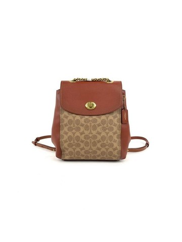 coach 棕色 Mini Convertible Backpack 老花帆布拼色雙肩包 鍊條包