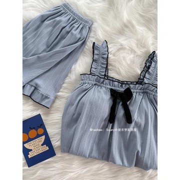 女士純棉短褲藍色背心兩件套吊帶