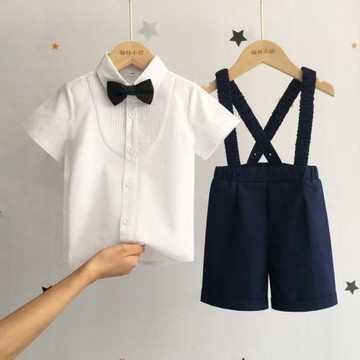 兒童背帶褲套裝夏季男童周歲生日禮服男寶寶花童西裝嬰兒表演演出