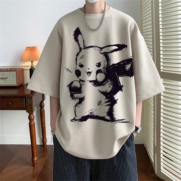 華夫格男t恤夏季潮牌卡通印花短袖美式高街重磅體恤男生半袖上衣