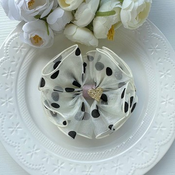 立體歐根紗點點蝴蝶結髮夾髮飾頭飾-米黃色