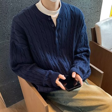 藏藍色亨利領麻花毛衣男秋冬慵懶風韓系高級感cleanfit針織衫外套鑫弘-衣錦男裝