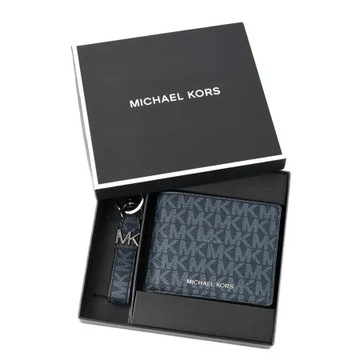 MICHAEL KORS 男款 緹花LOGO防刮皮革六卡短夾/鑰匙圈禮盒-藍色