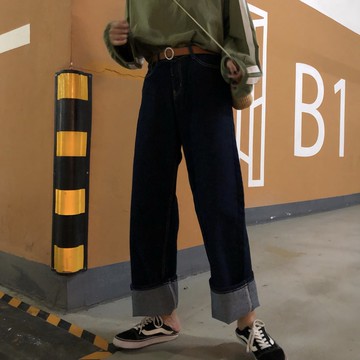 秋裝女裝寬松顯瘦明線拖地直筒褲高腰百搭牛仔褲學生休閑長褲1入