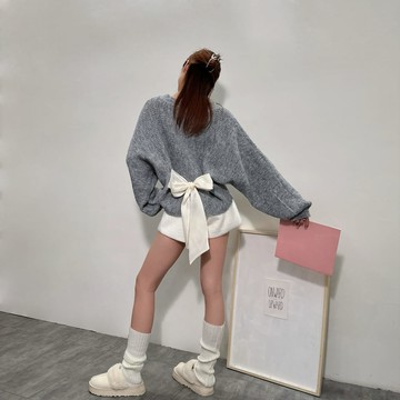 綁腰蝴蝶結寬鬆毛衣-灰【KT224786】
