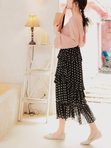 微透膚雪紡高腰鬆緊波點蛋糕長裙