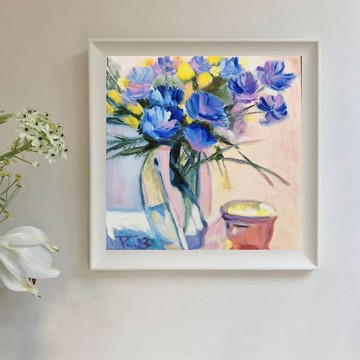 原創布面油畫，花園靜物，30x30 公分。