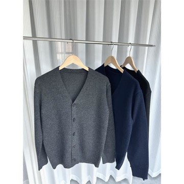 50羊毛混紡！秋冬男士外貿簡約百搭顯瘦V領針織開衫毛衣休閑外套