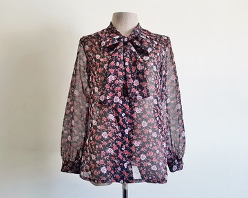 復古黑紅碎花雪紡襯衫 女款 蝴蝶領 絲質透視上衣 XS