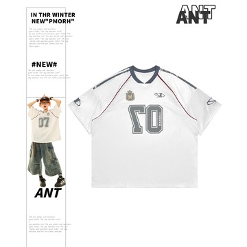 【ANT】美式復古夏季撞色拼接運動寬鬆半袖上衣 上衣 短袖 撞色上衣 短袖t恤 寬鬆上衣 運動上衣 復古上衣 五分袖上衣