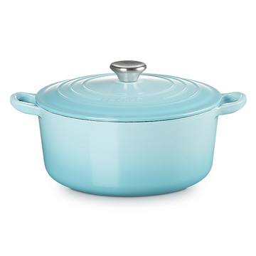 LE CREUSET -琺瑯鑄鐵鍋圓鍋24cm (水漾藍-鋼頭-內鍋白)