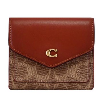 COACH C2329 經典C LOGO撞色花紋三折零錢短夾.駝/紅棕