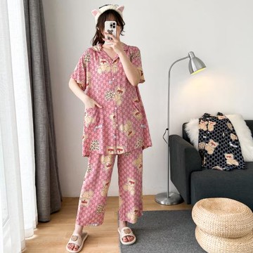 小熊加大碼棉綢長款睡衣女短袖長褲春夏開衫兩件套寬松胖mm家居服