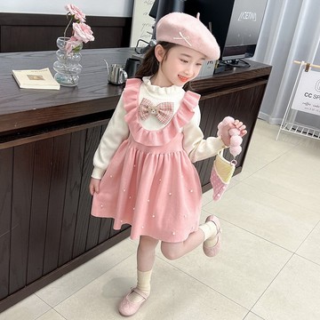 【中小女童】學院風蝴蝶結釘珠公主裙針織小洋裝