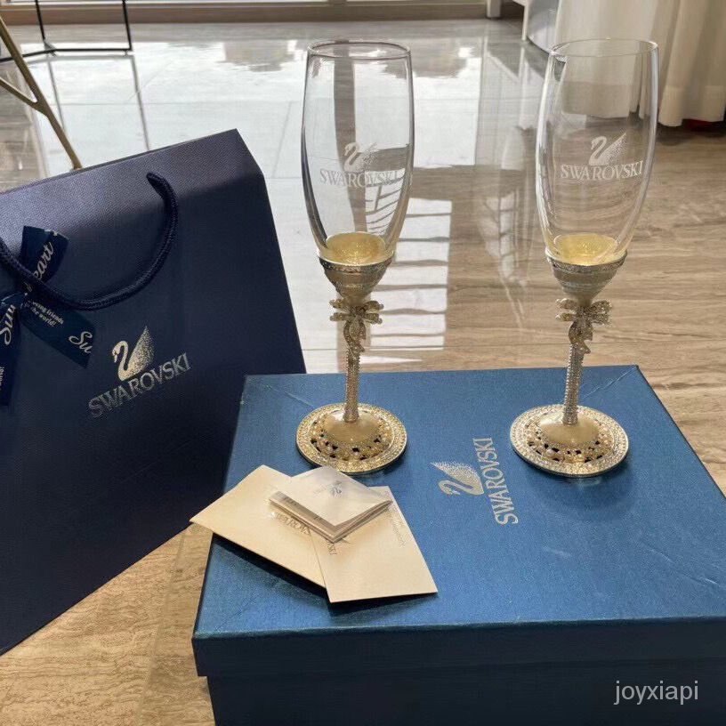 施華洛世蝴蝶結鑲鑽款高腳香檳對杯紅酒杯送新人朋友閨蜜結婚禮物