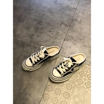 拖鞋女款夏天新品韓版時尚網紅潮鞋帆布面包頭系帶休閑半拖鞋板鞋