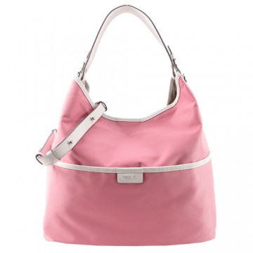 agnes b.燙金皮標肩弧兩用包(粉紅)