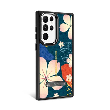 S24/S23系列 軍規防摔鋁合金鏡頭框立架手機殼-墨綠櫻花俳句