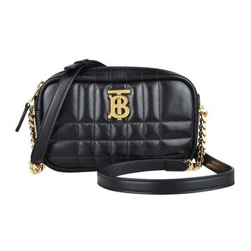 BURBERRY 巴寶莉  LOLA系列電鍍TB LOGO絎縫小羊皮拉鍊斜背相機包(迷你/黑)