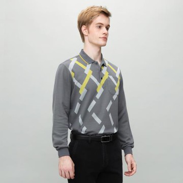 IOIIOI歐洲貴族 舒適棉質磨毛 長袖彈力POLO衫 修身顯瘦有口袋 灰色