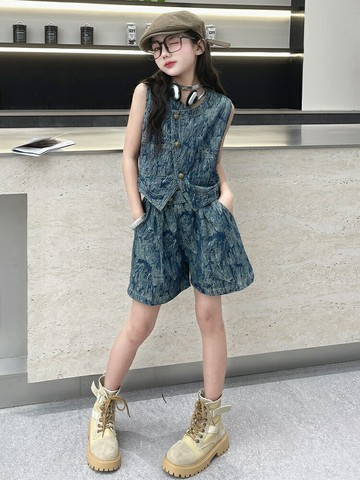 女童夏季韓范薄款牛仔套裝2025新款中大童洋氣無袖背心短褲兩件套【木屋雜貨】