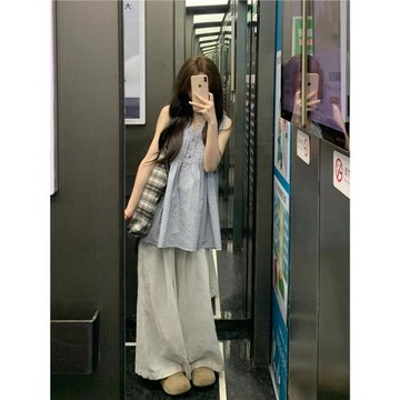 獨特絕美漂亮小套裝女夏季日系復古v領格子無袖背心闊腿褲兩件套