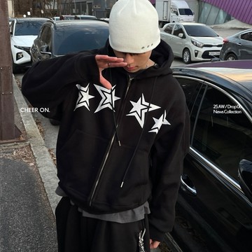 [HYC] 韓國 星星 印花 雙鍊 連帽外套 秋季 慵懶風 男女 加絨衛衣 棉外套 寬鬆 休閒 情侶 開衫【81051】
