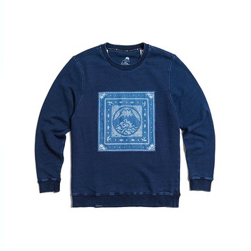 江戶勝 日系 男裝 富士LOGO印花方巾厚長袖T恤(中古藍) #上衣