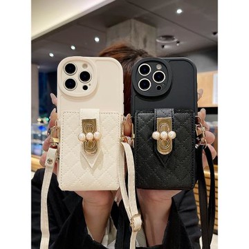 珍珠補妝鏡卡包適用于蘋果16Promax手機殼iPhone15Pro保護套新款IP14Plus斜跨背帶13鏡頭全包12防摔外殼11女X