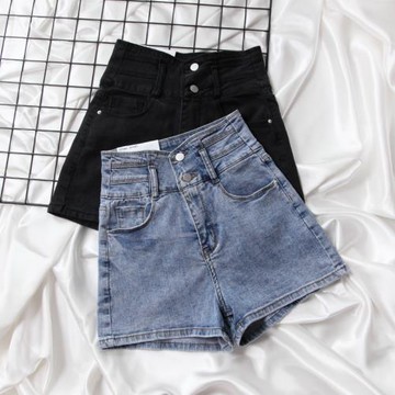 高腰巨好看雙扣設計 韓版彈力顯瘦牛仔短褲女熱褲子2024夏季新款
