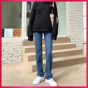 『ATC』早秋長褲復古藍高腰彈力直筒牛仔褲女秋冬新款顯瘦顯高修身百搭垂感拖地褲