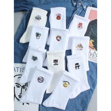 4雙禮盒春秋季長襪子男士全棉吸汗防臭刺繡白色運動潮ins中筒襪女