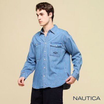 Nautica 男裝 雙口袋丹寧長袖襯衫-藍色