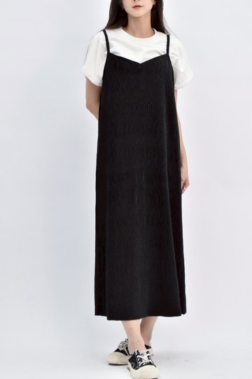 (M) net質感燈芯絨寬鬆細肩帶黑色洋裝