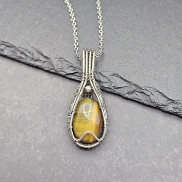 虎眼石 造舊銀線吊墜 金屬繞線