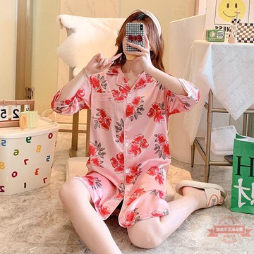 冰絲睡裙女夏季短袖中長裙2022年新款睡衣仿真絲綢薄款開衫家居服