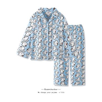 『小白鴨』日系の卡通可愛藍色純棉睡衣女款春秋季長袖家居服套裝