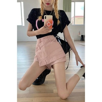 短褲女夏季短褲A字褲五分褲休閒短褲百褶褲寬鬆大碼大碼胖mm設計感小衆高腰牛仔短褲女夏季a字熱褲顯瘦直筒闊腿裙褲