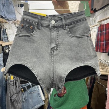 褲腿圓弧形設計感前短后長歐美辣妹風休閑牛仔短褲女時尚個性熱褲