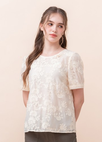 晚夏荷風花朵刺繡烏干紗上衣