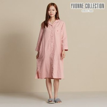 YVONNE 雙層紗繡花開襟長袖洋裝-薔薇粉
