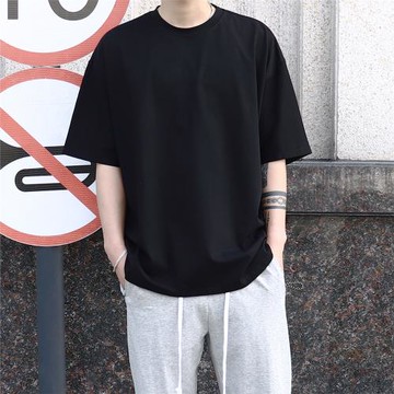 XINU重磅純棉寬松圓領純黑色小領口短袖t恤男女五分半袖夏季潮牌