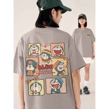 oversize復古短袖女夏季卡通叮當貓t恤2025新款日系純棉圓領上衣