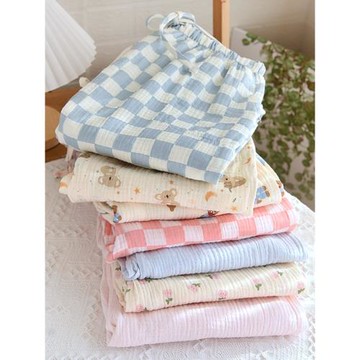 日系格子純棉紗布睡衣睡褲女可外穿100%全棉家居褲長褲春夏季薄款